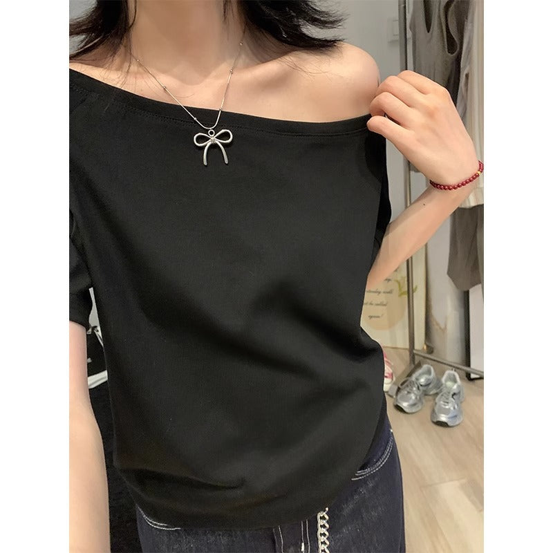 Off-the-Shoulder Loose Solid T-Shirt