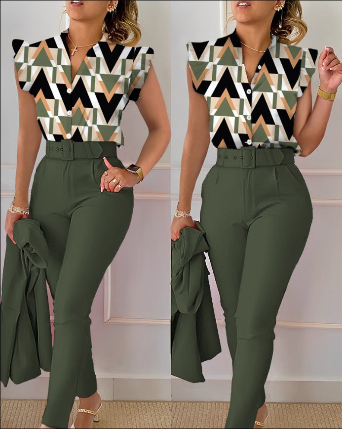 Fashion Printed Lotus Sleeve Top and Pants