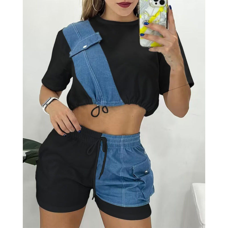 Denim Short Sleeve Shorts Set