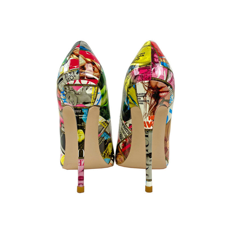 PU Graffiti Pointed Toe Stiletto Heel