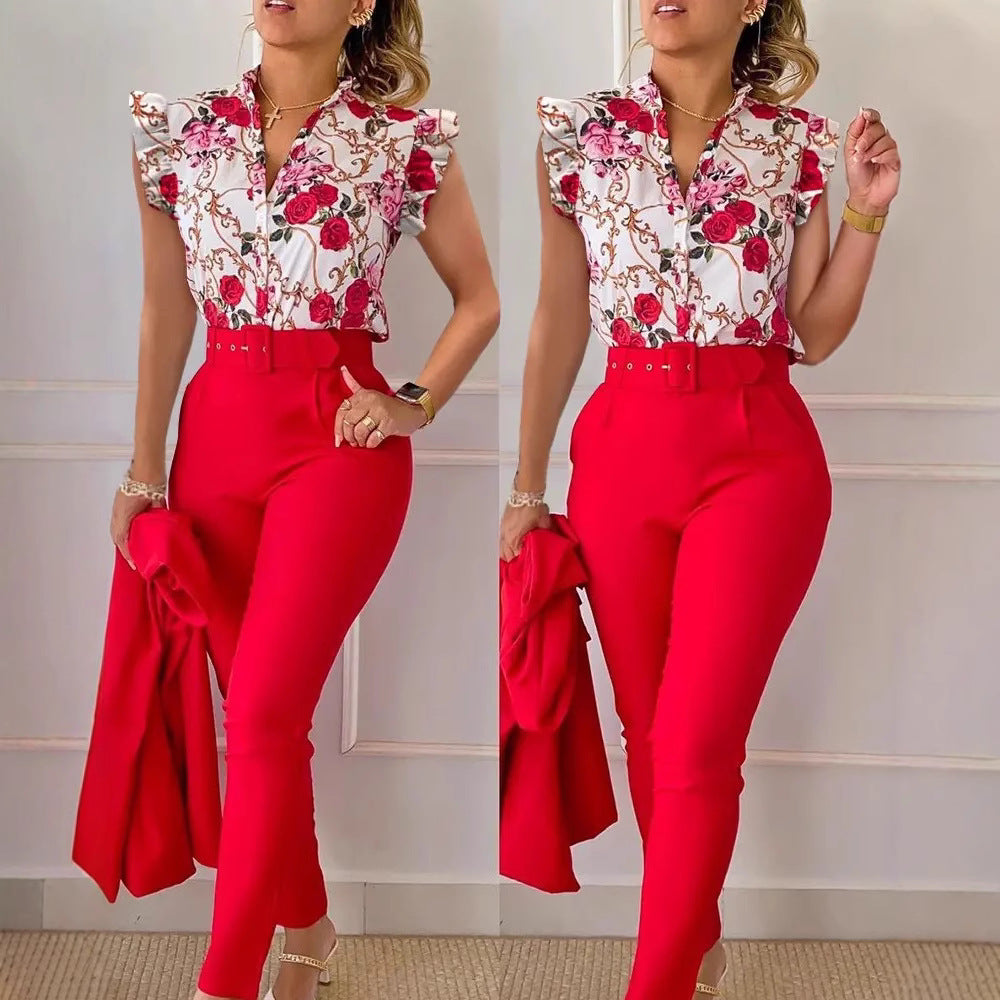 Fashion Printed Lotus Sleeve Top and Pants