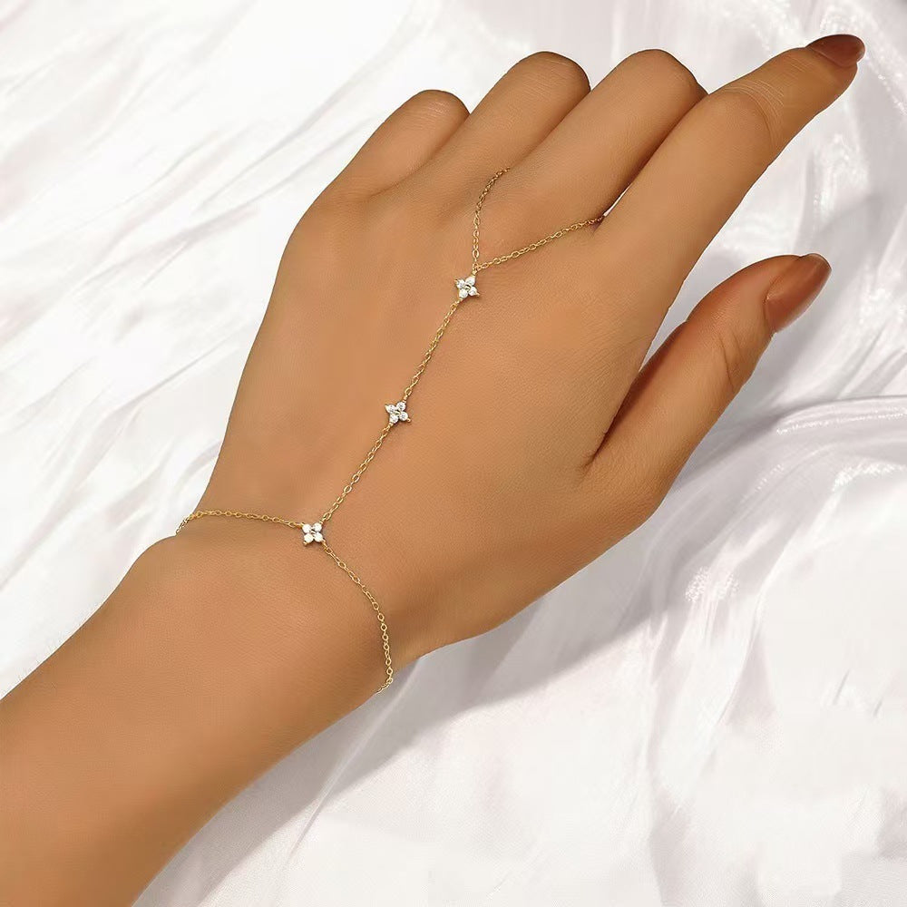 Layered Floral Finger Ring Chain Bracelet