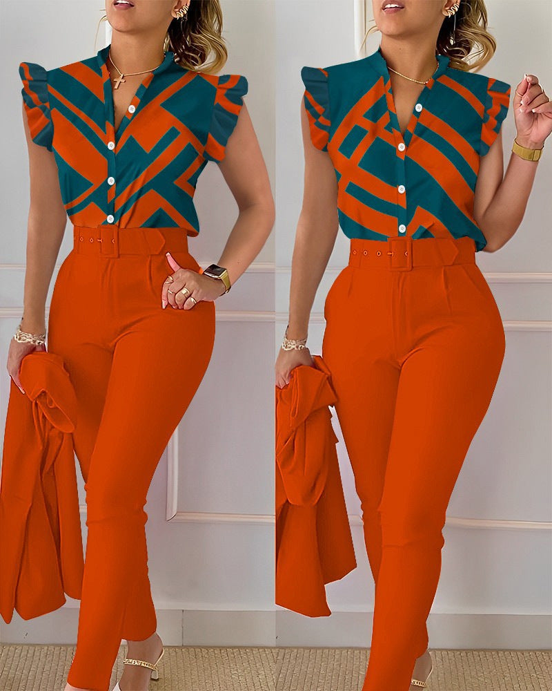 Fashion Printed Lotus Sleeve Top and Pants