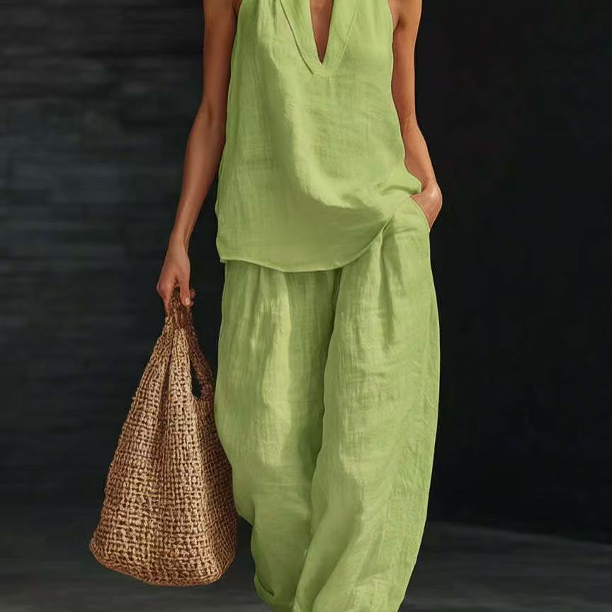 Poised Linen Two-Piece Set – Sleeveless Wide-Leg Outfit