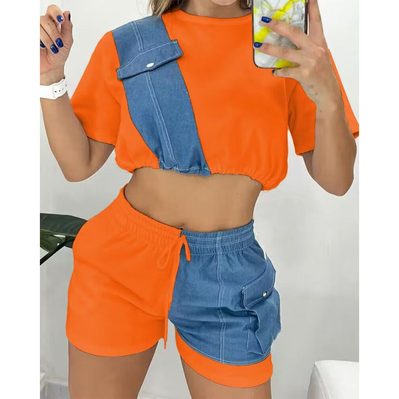 Denim Short Sleeve Shorts Set