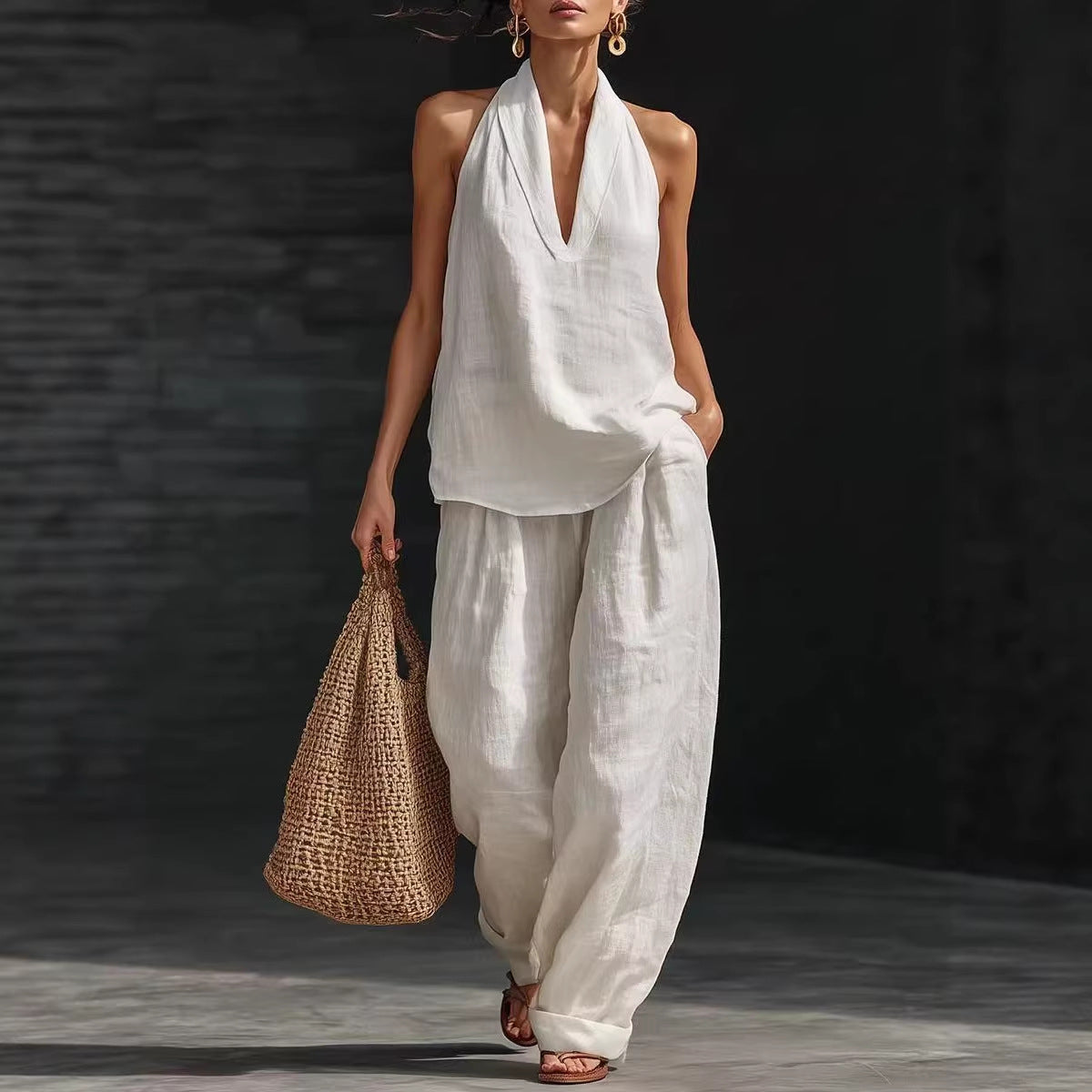 Poised Linen Two-Piece Set – Sleeveless Wide-Leg Outfit