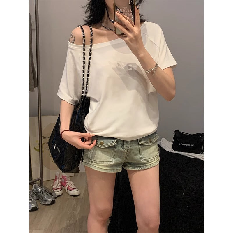Off-the-Shoulder Loose Solid T-Shirt