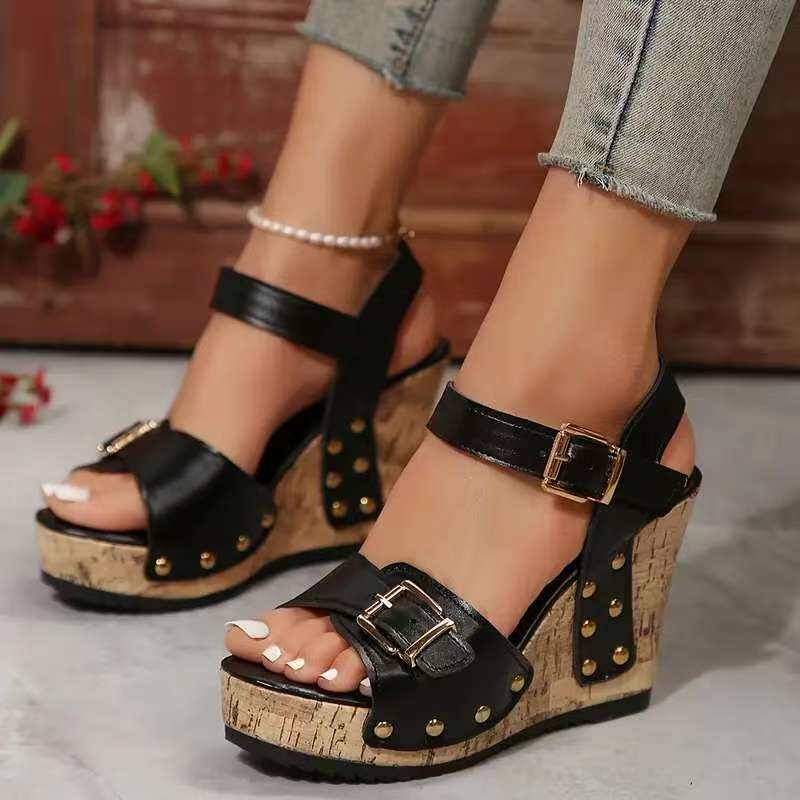 Studded Open-Toe Wedge Sandals