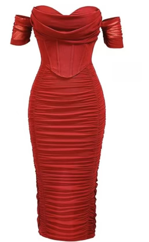 Off-Shoulder Pleated Mid-Length Dress