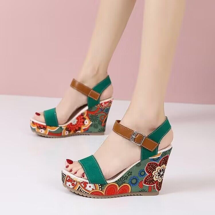 Ethnic Print Buckle Strap Wedge Sandal
