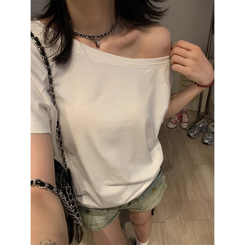 Off-the-Shoulder Loose Solid T-Shirt