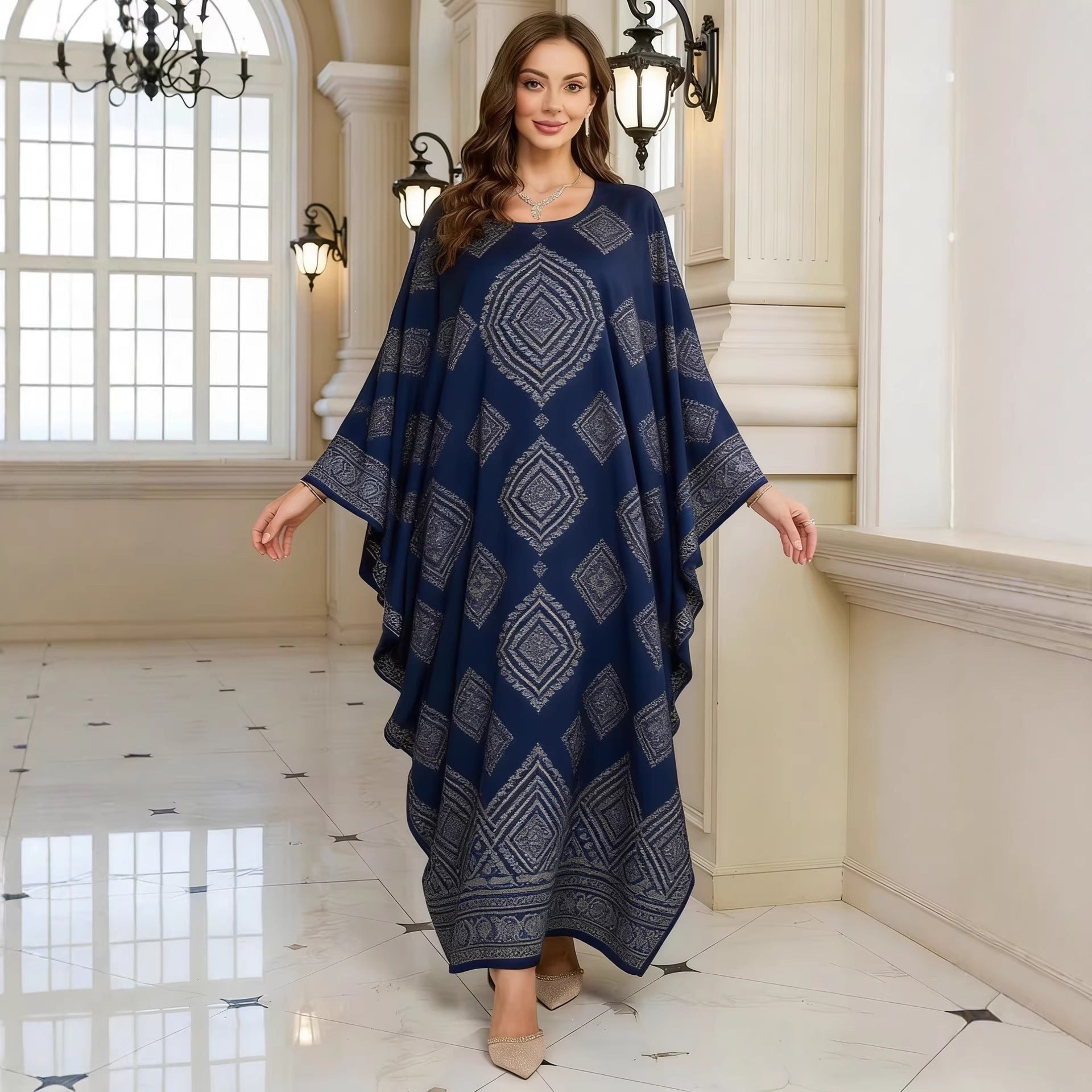 Geometric Print Batwing Sleeve Long Dress