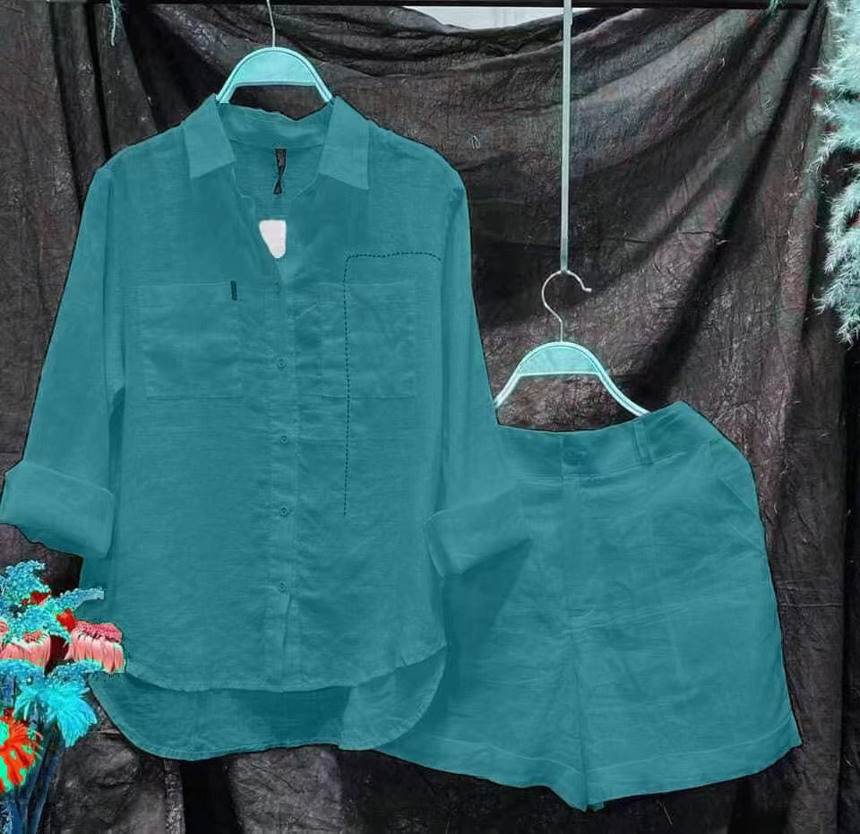 Plus Size Cotton Linen Casual Shirt and Shorts Set
