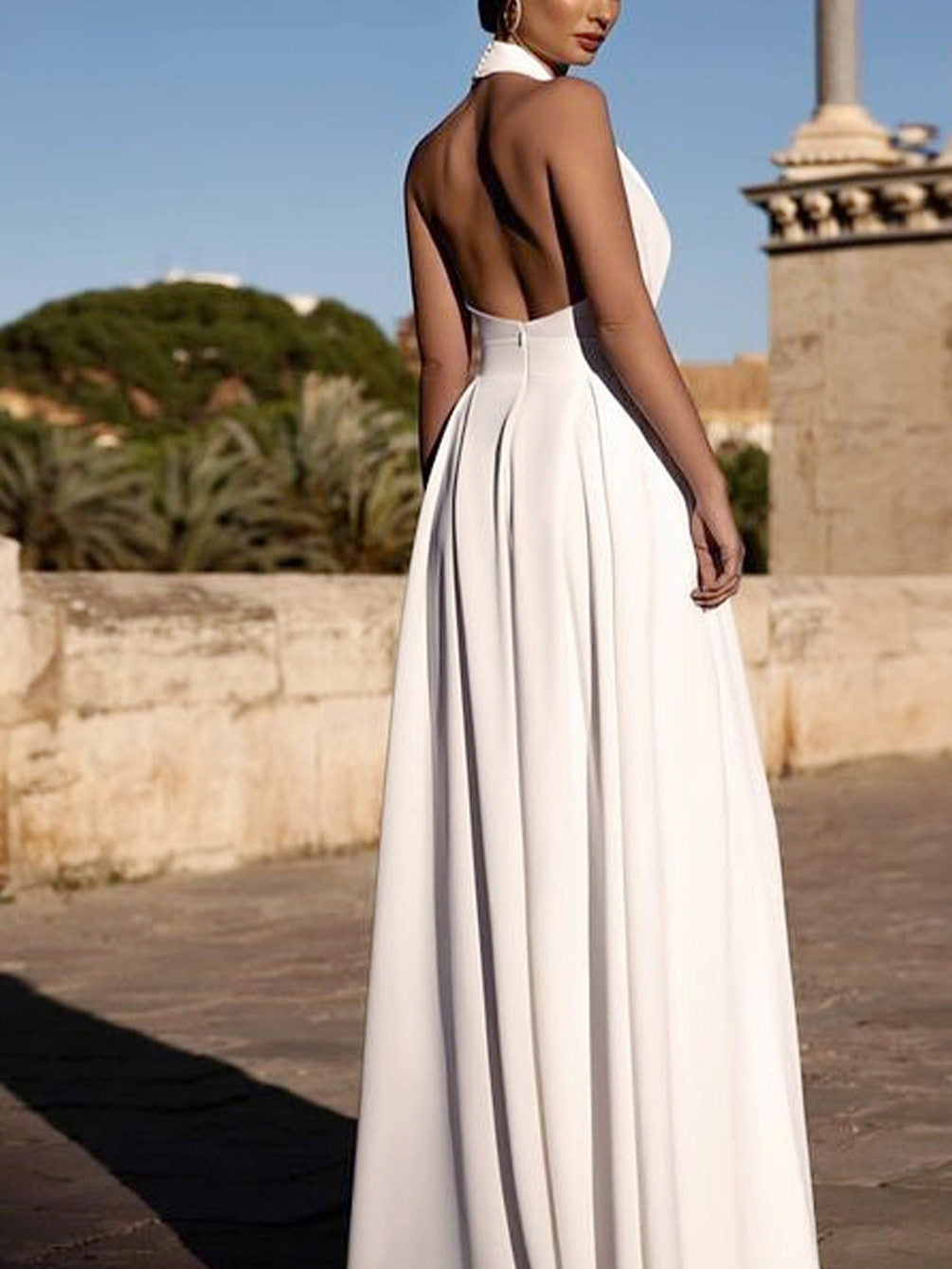 Solid-Color Halter Waist-Cinching Wide-Leg Trousers