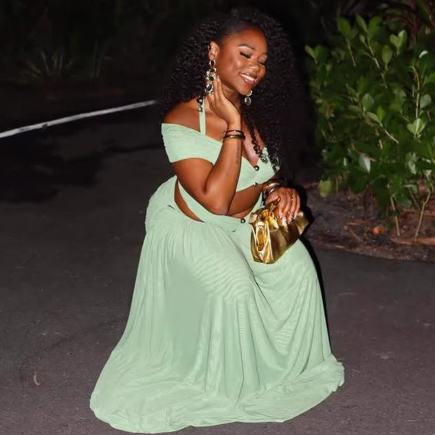 Solid Color Halter Neck Two-Piece Skirt Set