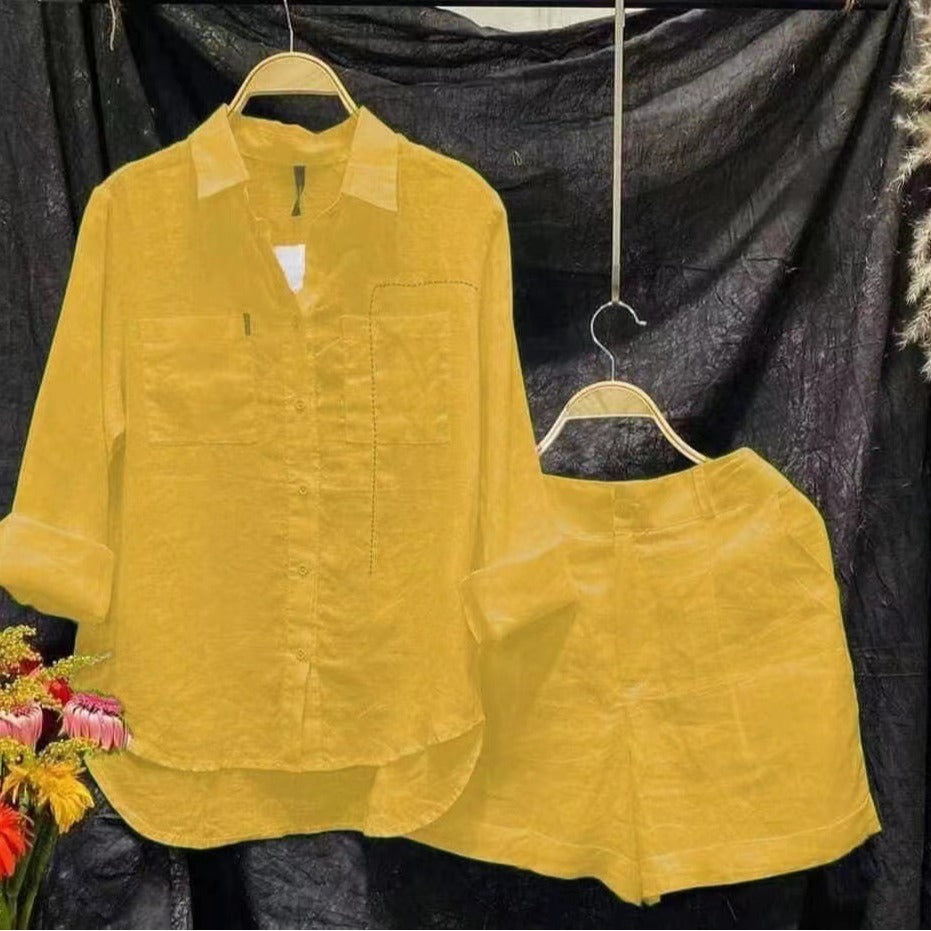 Plus Size Cotton Linen Casual Shirt and Shorts Set