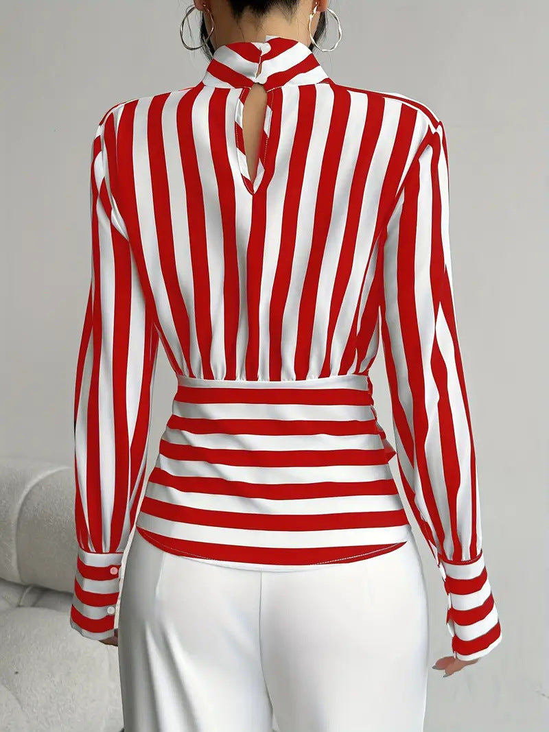 Striped Scarf Collar Blouse