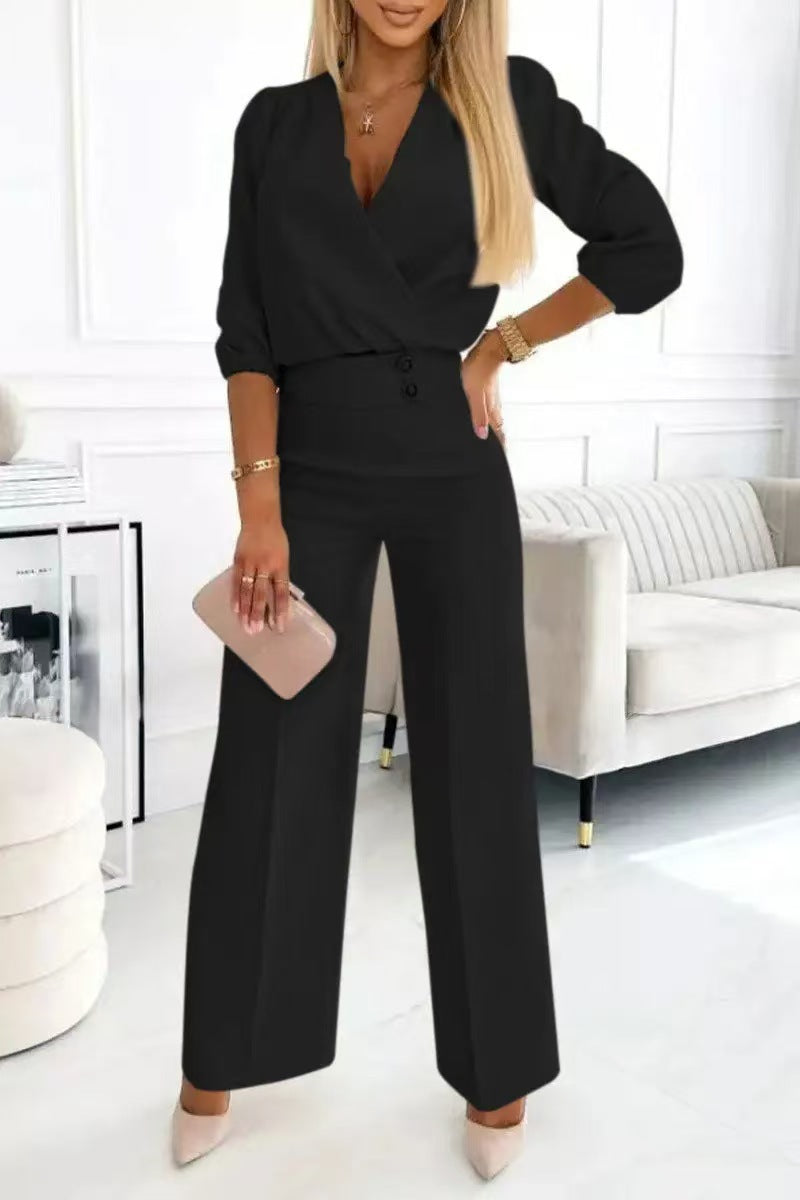 Casual V-Neck Two-Button Pants Suit