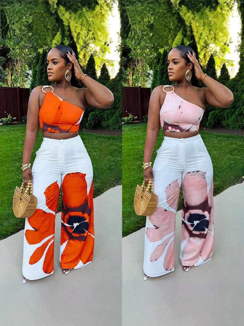 Floral Print Slim-fit Two-piece Pant Set