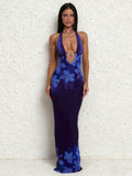 Gradient Blue Halter Deep V-Neck Rhinestone Long Dress