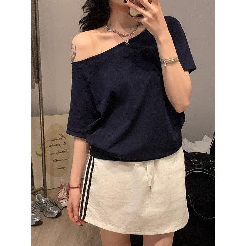 Off-the-Shoulder Loose Solid T-Shirt