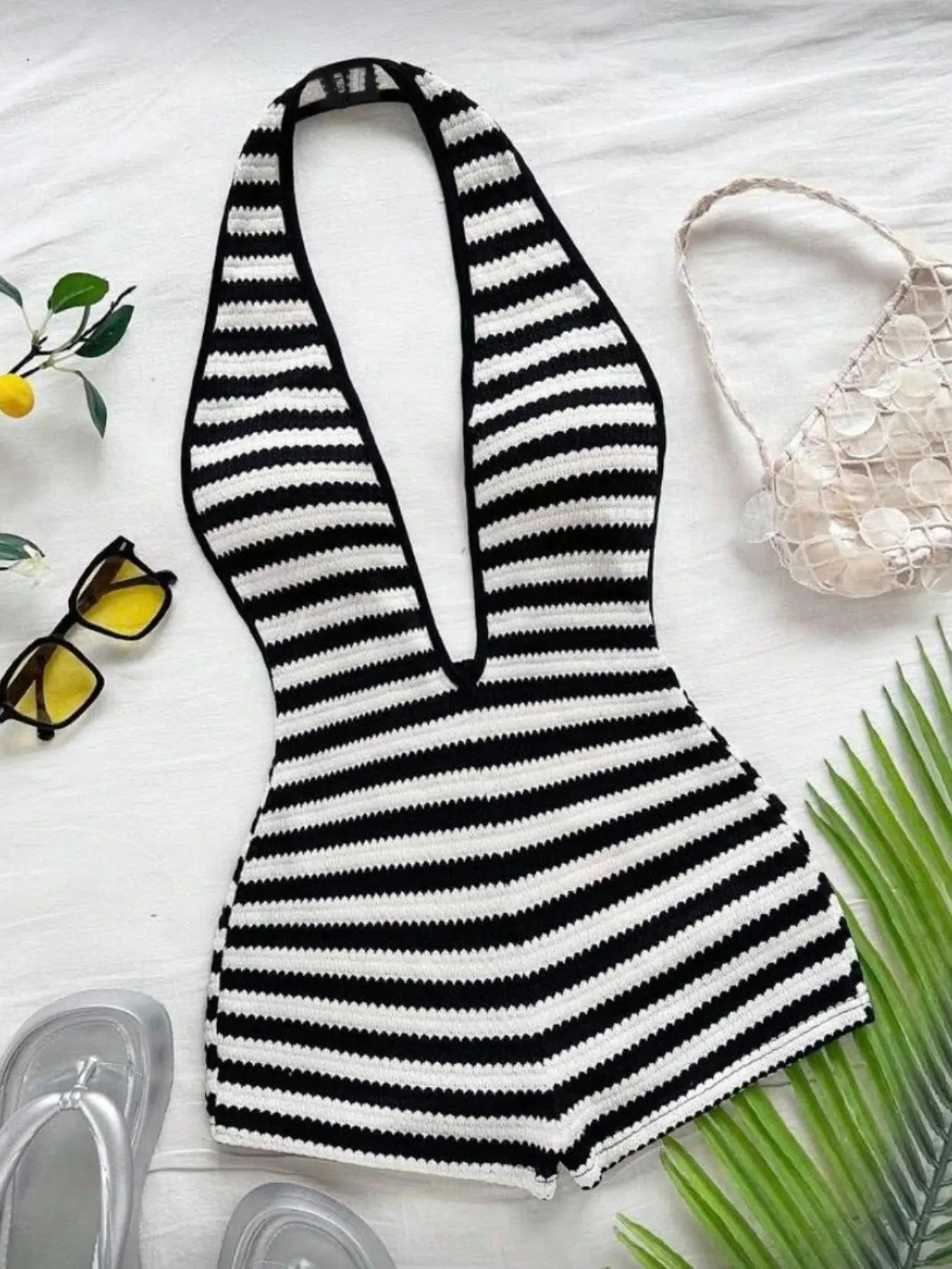 Women'S New Fashion Comfortable Versatile Deep V Neck Halter Striped Vest Jumpsuit Shorts Set, Stylish All-Season Wear
