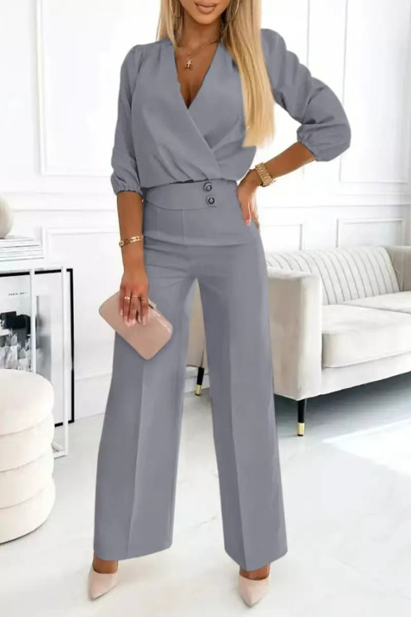 Casual V-Neck Two-Button Pants Suit