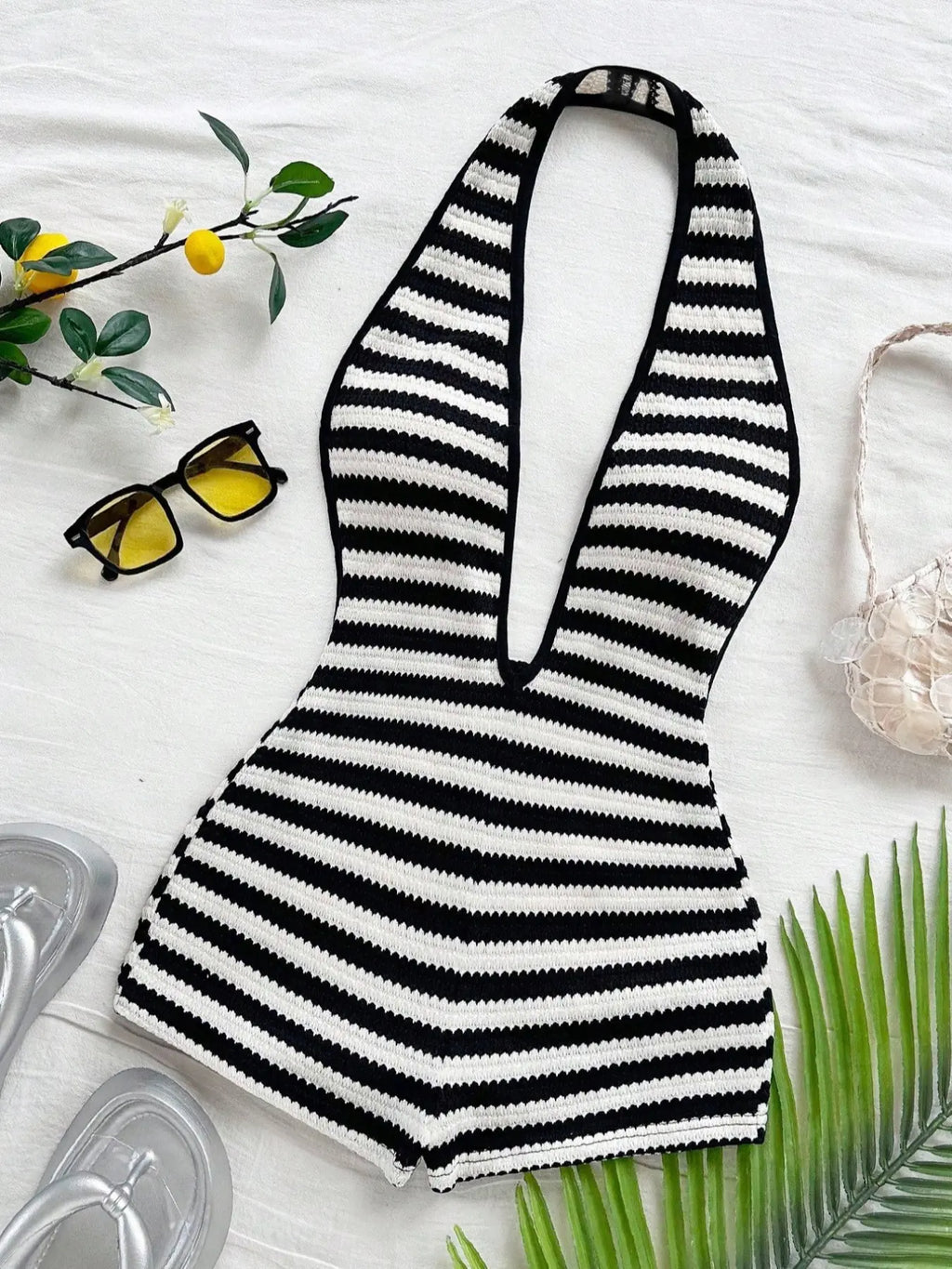 Women'S New Fashion Comfortable Versatile Deep V Neck Halter Striped Vest Jumpsuit Shorts Set, Stylish All-Season Wear