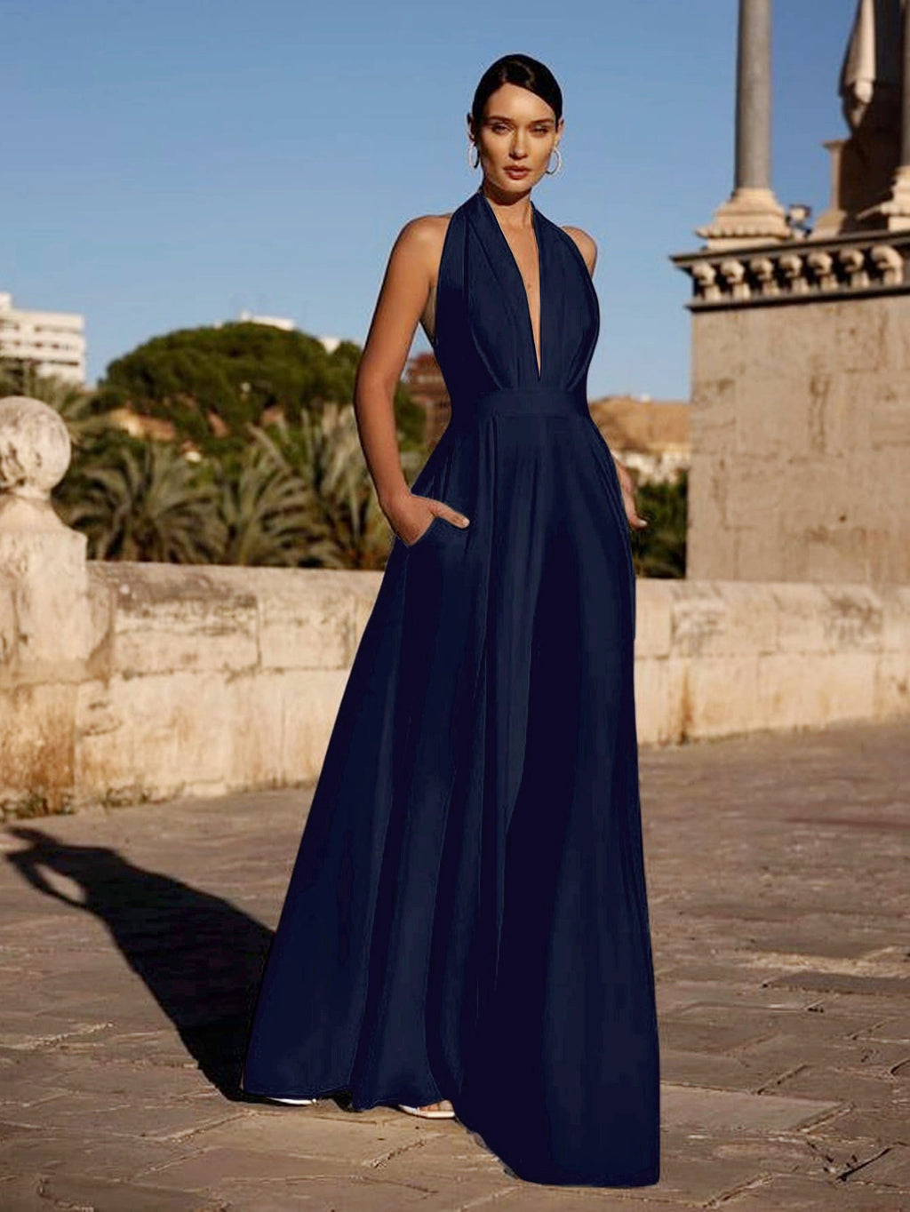 Solid-Color Halter Waist-Cinching Wide-Leg Trousers