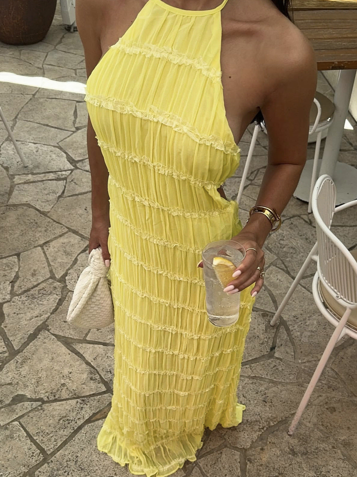 Pleated Lace Trim Halter Neck Maxi Dress