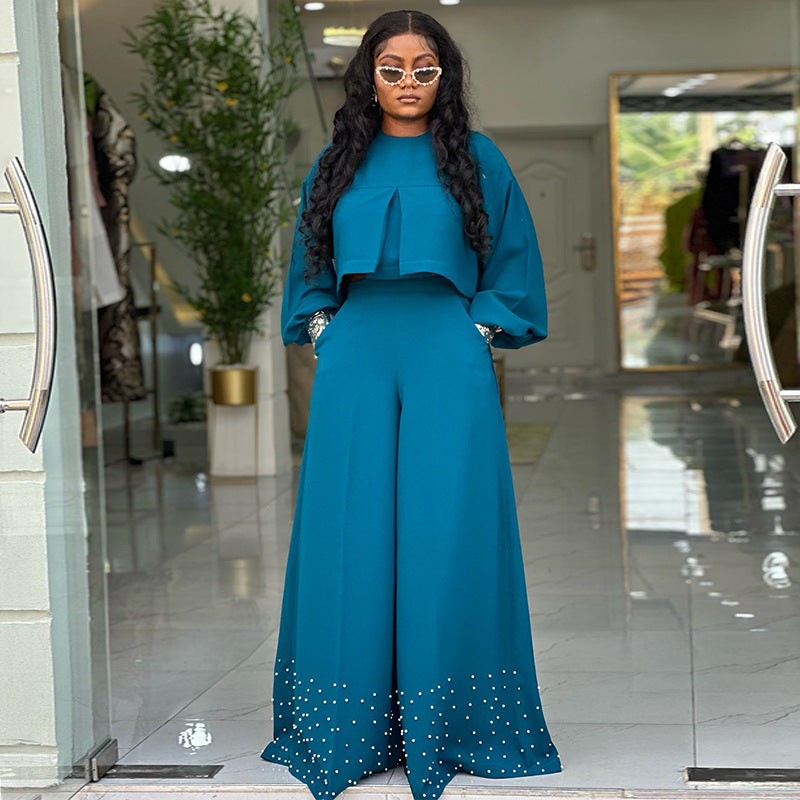 Lantern Sleeve Top and Wide-Leg Pants Suit