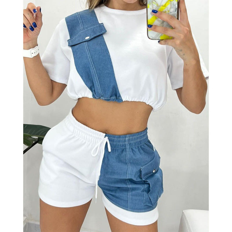 Denim Short Sleeve Shorts Set