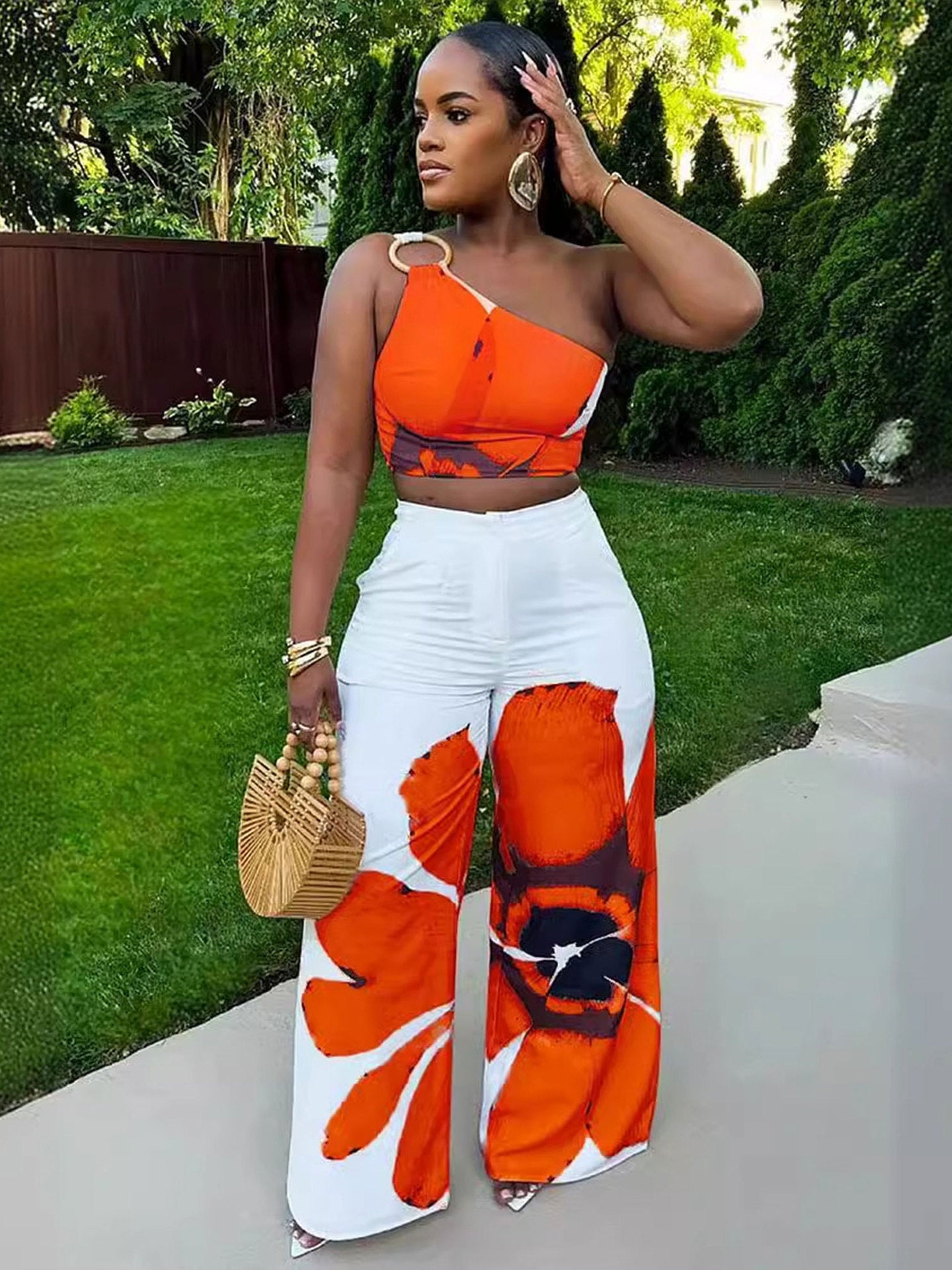 Floral Print Slim-fit Two-piece Pant Set