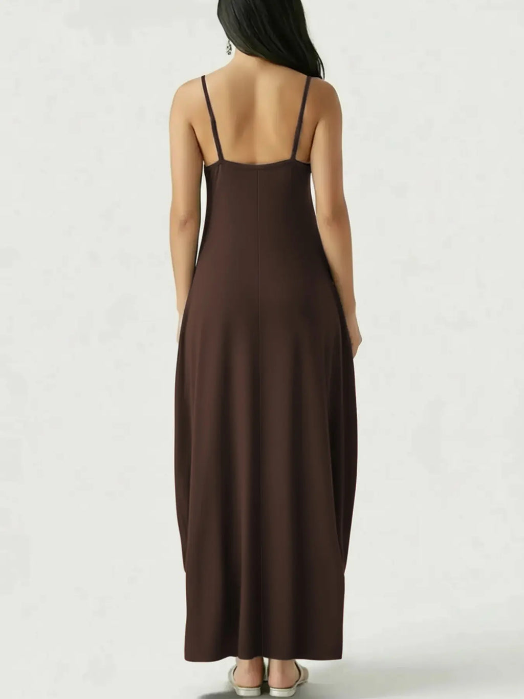 Chic Women's Long Leopard Print Coffee Dress - Comfortable Round Neck Sleeveless Pocket Sleepwear for All Seasons