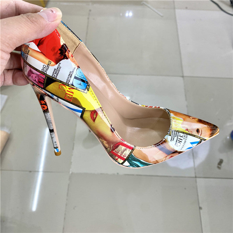PU Graffiti Pointed Toe Stiletto Heel