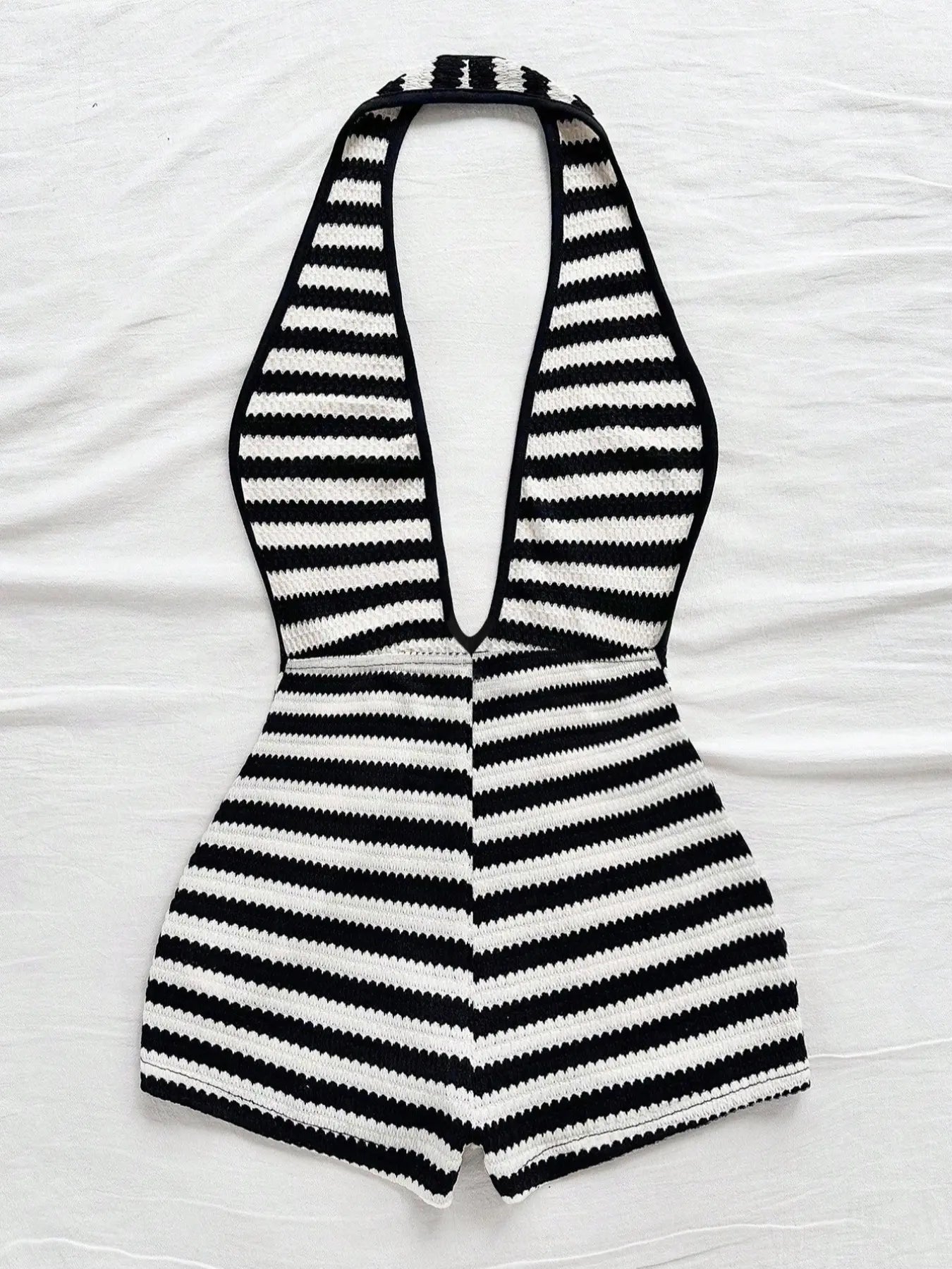 Women'S New Fashion Comfortable Versatile Deep V Neck Halter Striped Vest Jumpsuit Shorts Set, Stylish All-Season Wear