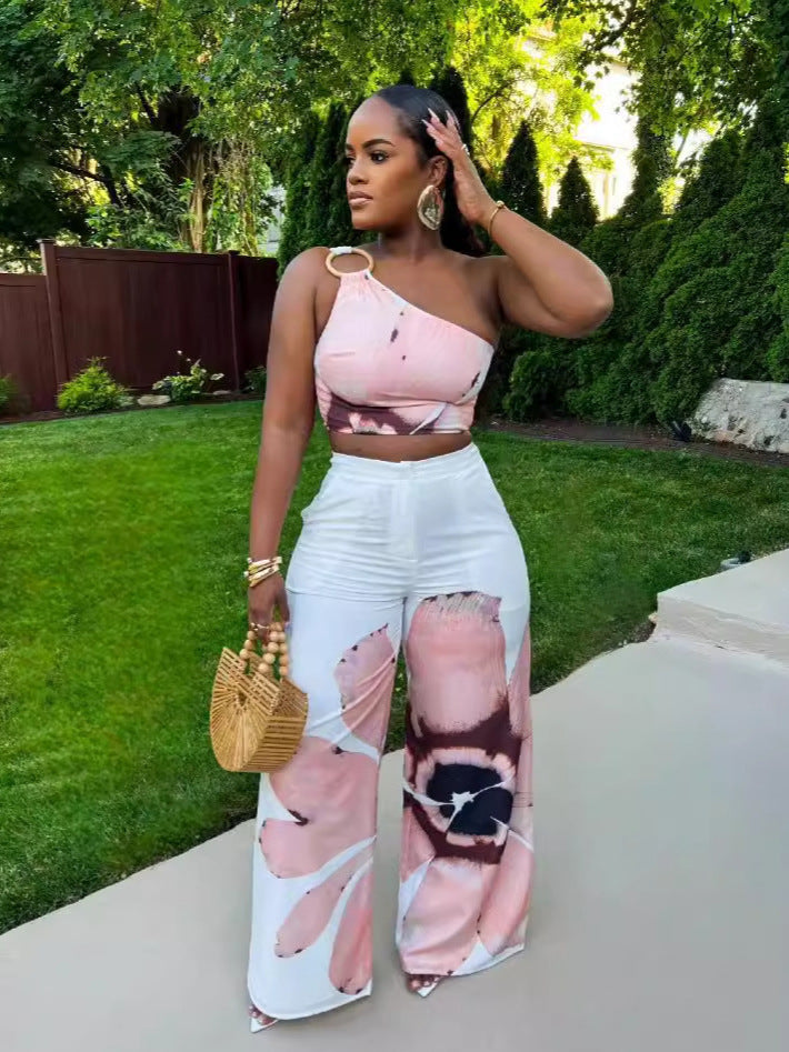 Floral Print Slim-fit Two-piece Pant Set