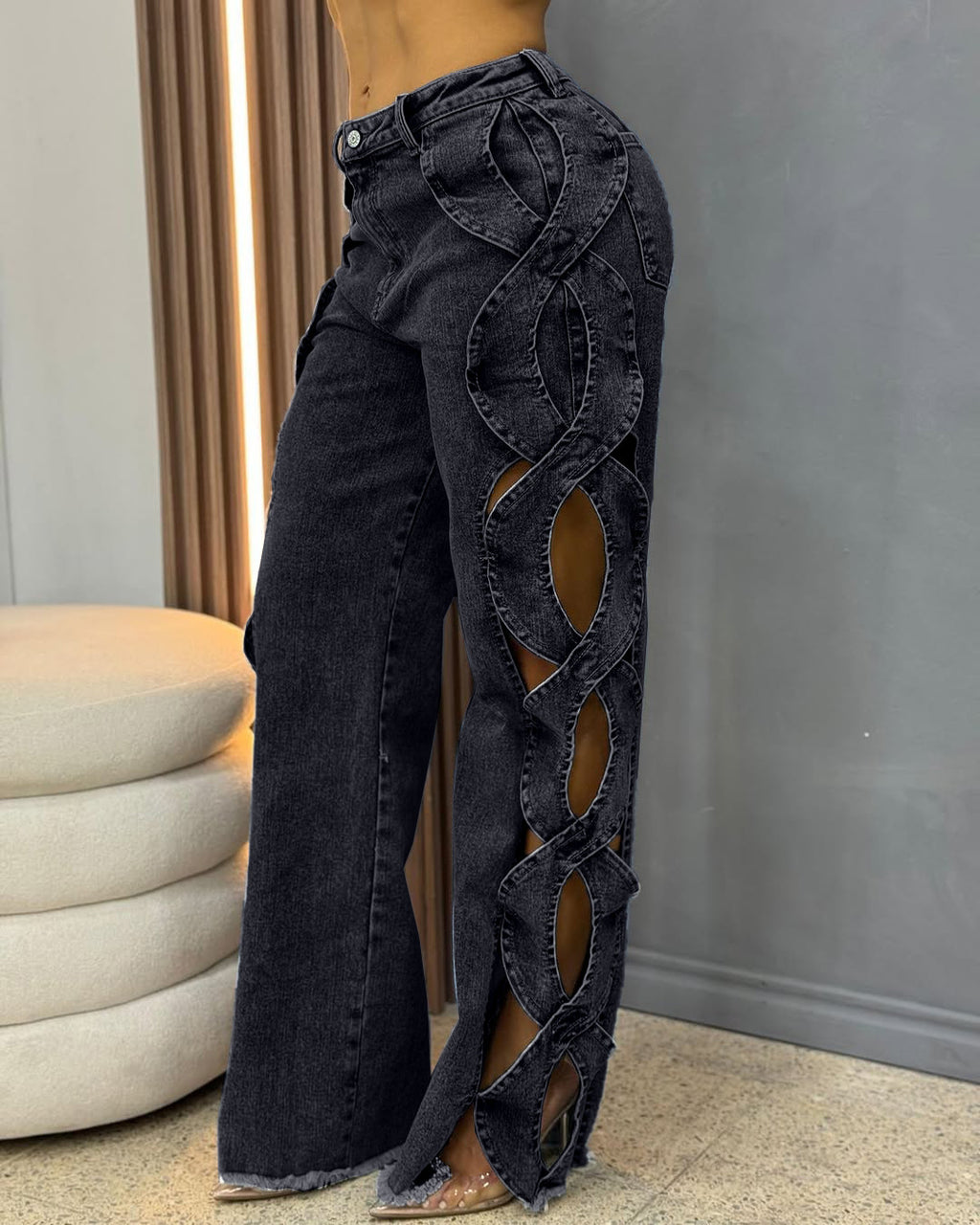 Denim Patchwork Hollow Out Pants