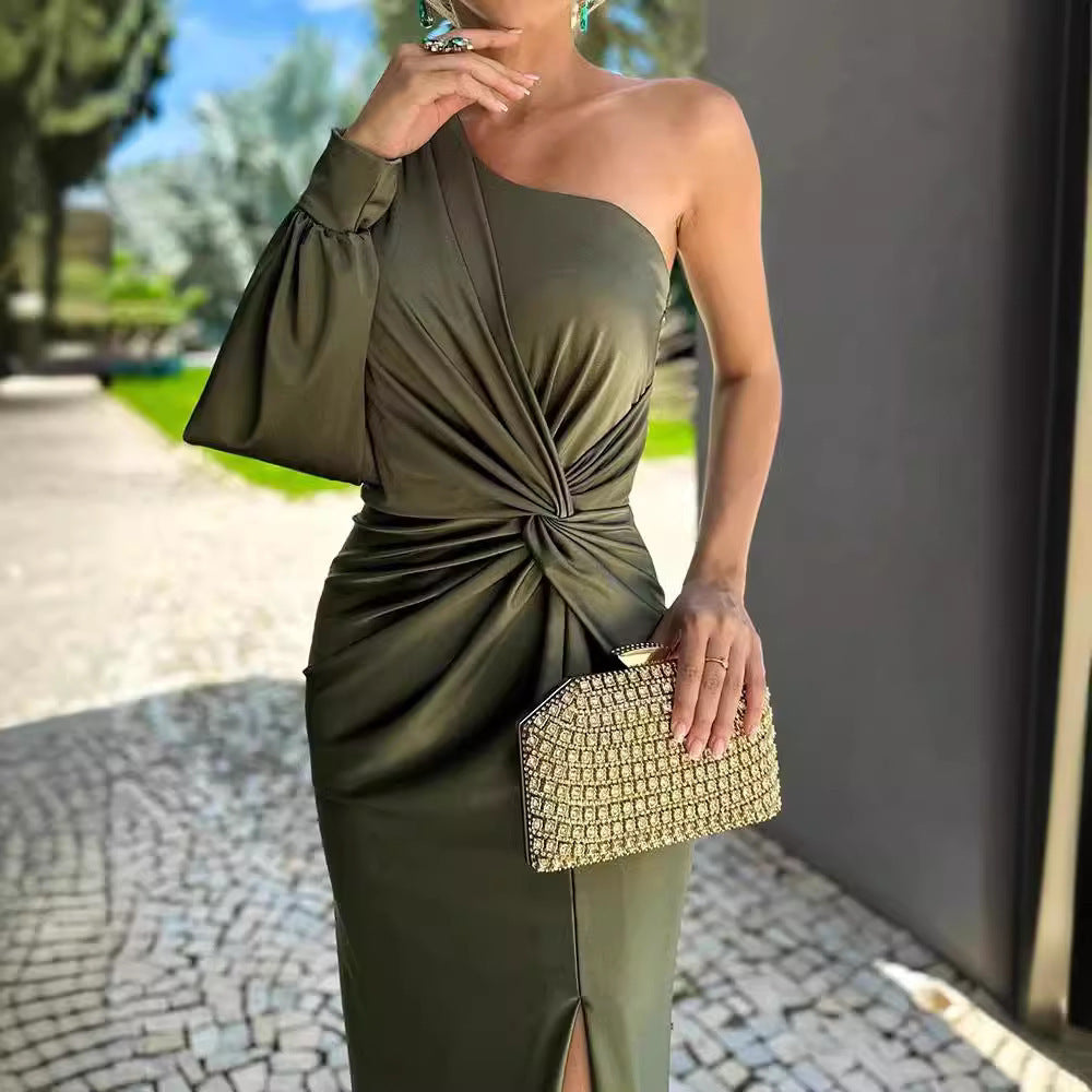Slanted Shoulder Knot Split Slim Fit Dress
