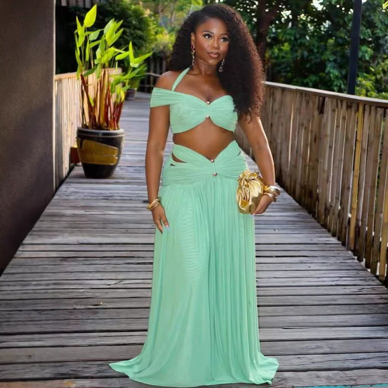 Solid Color Halter Neck Two-Piece Skirt Set