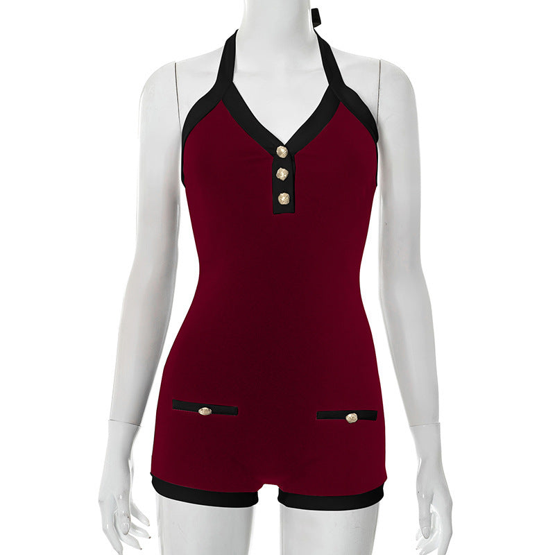 Contrast Color V-Neck Lace-Up Backless Jumpsuit
