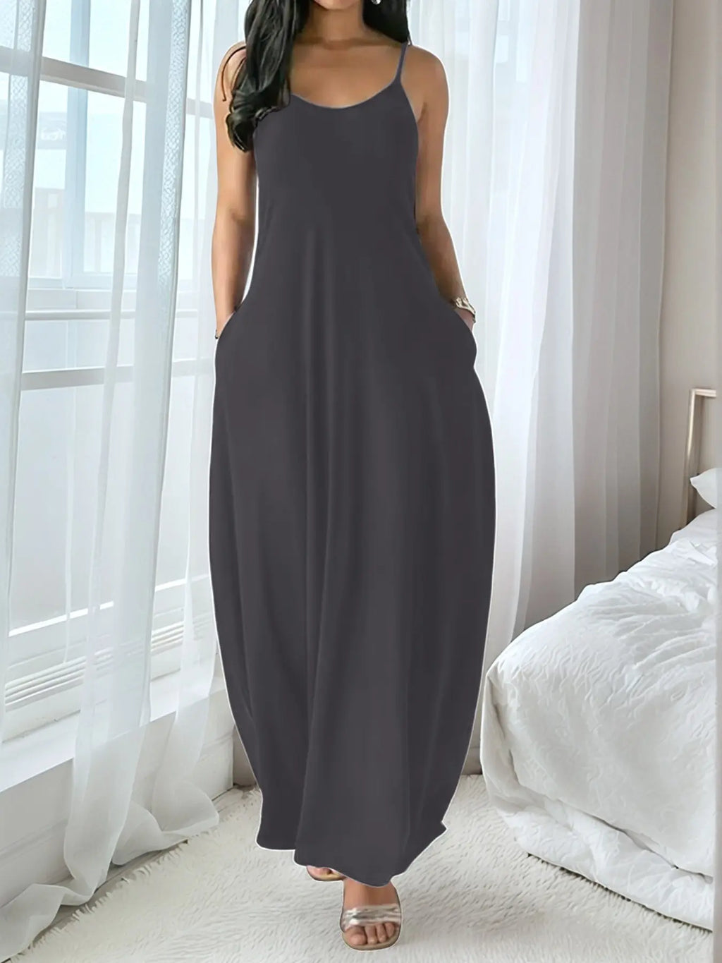 Chic Women's Long Leopard Print Coffee Dress - Comfortable Round Neck Sleeveless Pocket Sleepwear for All Seasons