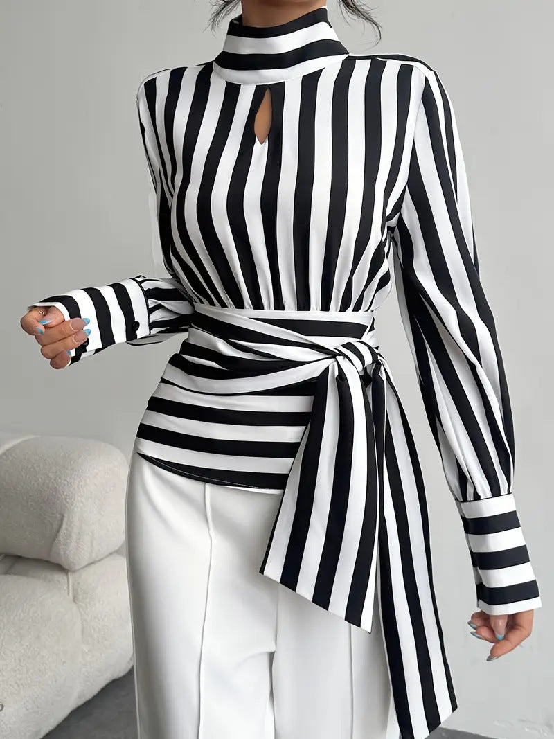 Striped Scarf Collar Blouse