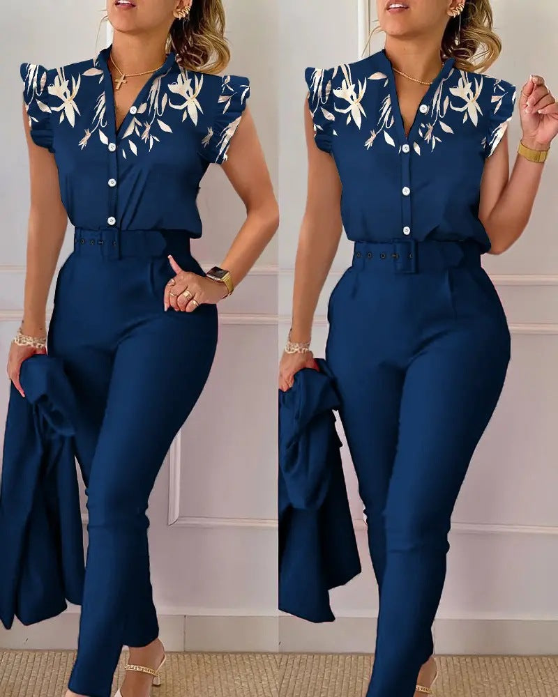Fashion Printed Lotus Sleeve Top and Pants