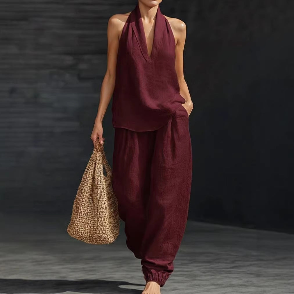 Poised Linen Two-Piece Set – Sleeveless Wide-Leg Outfit
