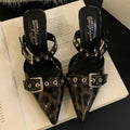 Step Out in Style: 2025 New Arrival Leopard Print Pointed Toe Mule Slides for Women with Chic Double Buckle High Heels – Perfect for Spring/Summer!