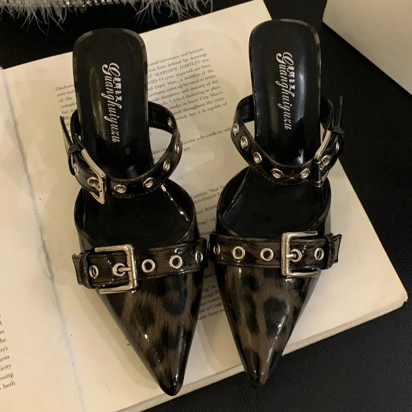 Leopard Print Pointed Toe Mule Slides with Chic Double Buckle