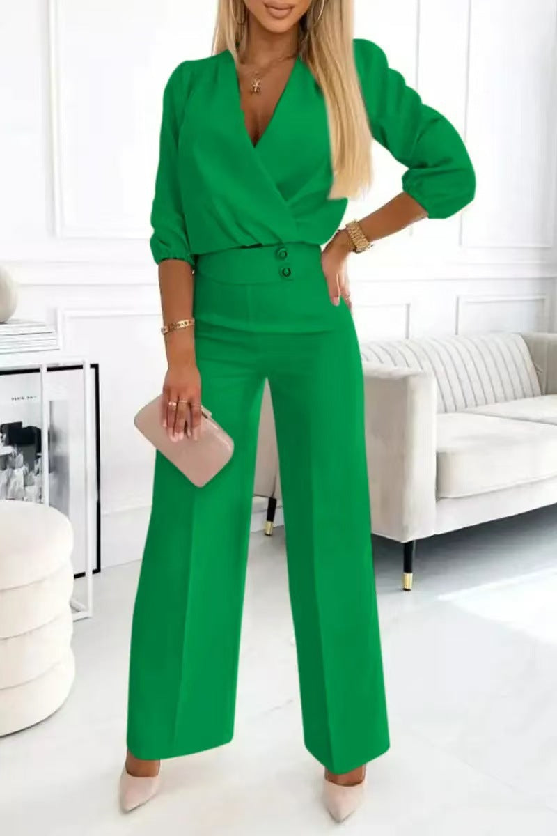 Casual V-Neck Two-Button Pants Suit