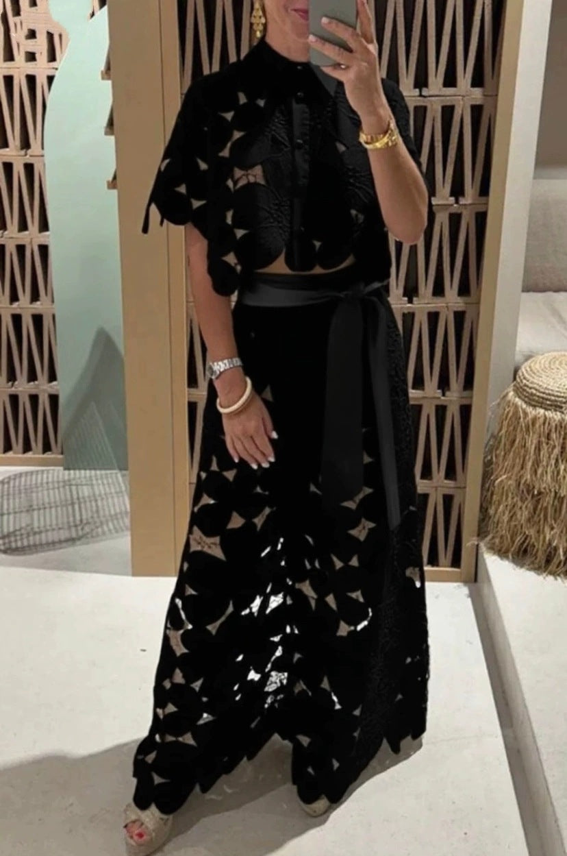 Hollow-Out Cardigan & Wide-Leg Pants Set