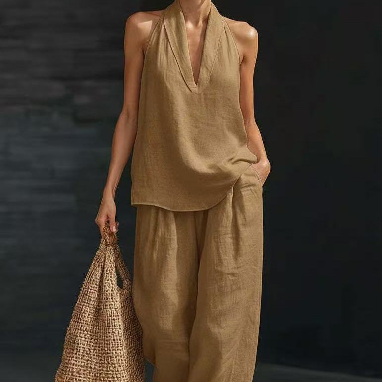 Poised Linen Two-Piece Set – Sleeveless Wide-Leg Outfit